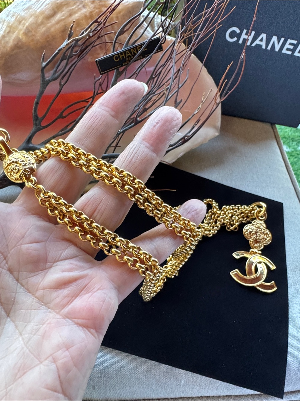 SOLD

Chanel Vintage Gold Plated Clover CC Double Chain Necklace Includes COA - Picture 8 of 9